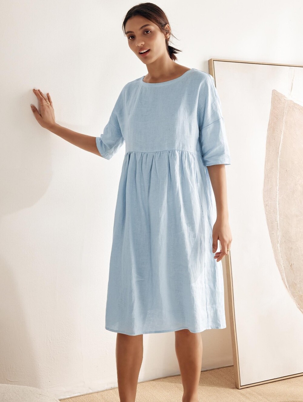 LINTICO 100% Linen Light Blue Babydoll Midi Dress Coastal Grandma Cottagecore  M
